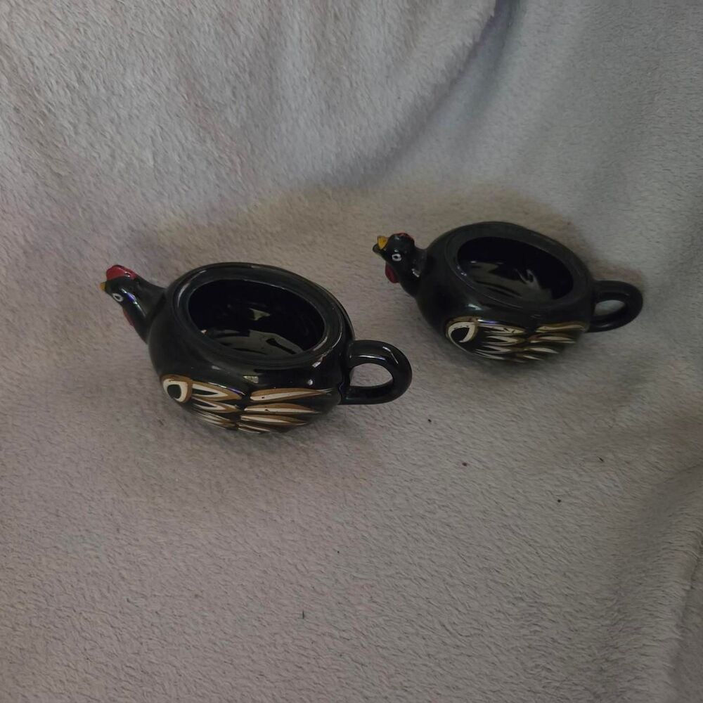 Black Hen & Rooster Ceramic Creamer & Sugar Set - 5"*country  shabbychic
